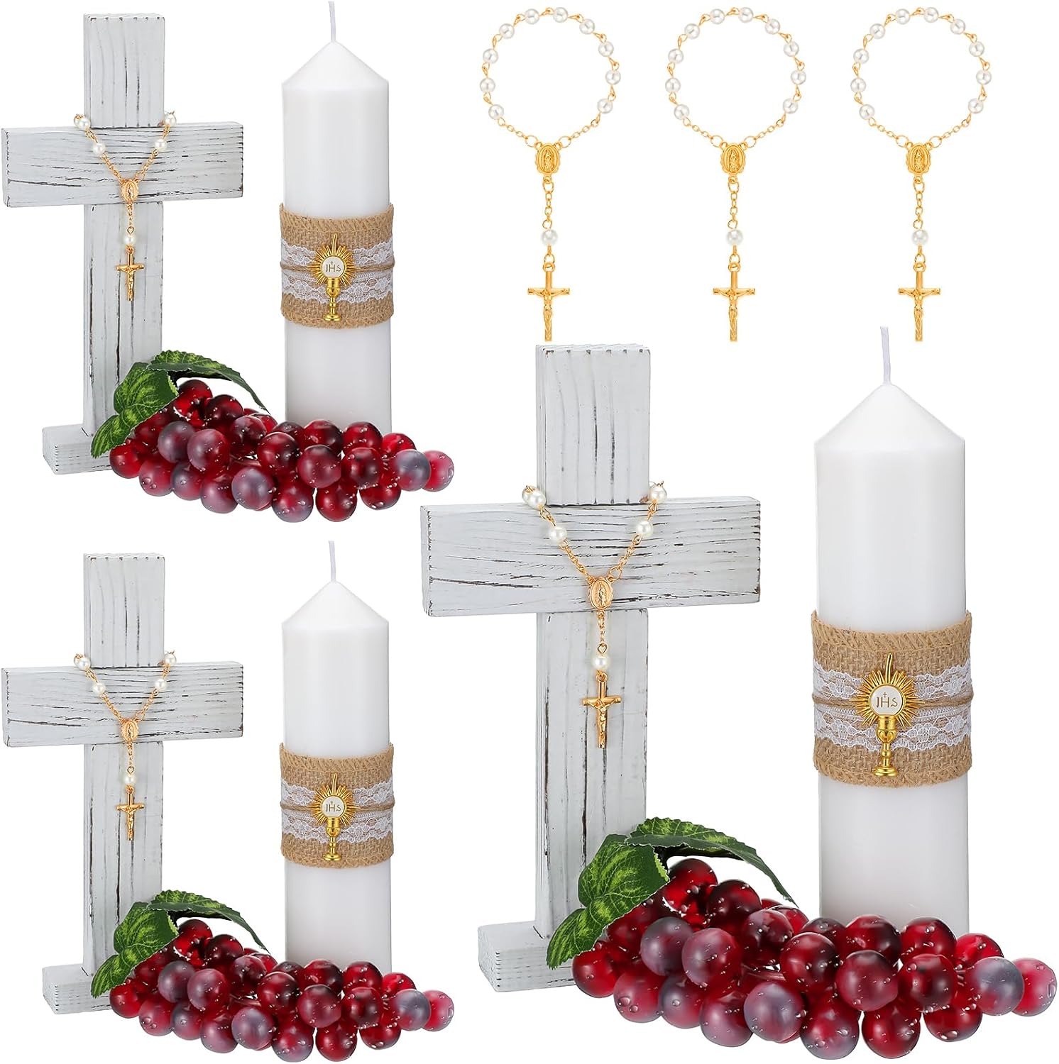 Amyhill 3 Sets Cross Table Decor Baptism Centerpieces Sets Confirmation Candle Standing Cross with Jhs Candles First Communion Table Decor for Wedding Baby Shower Christening Church