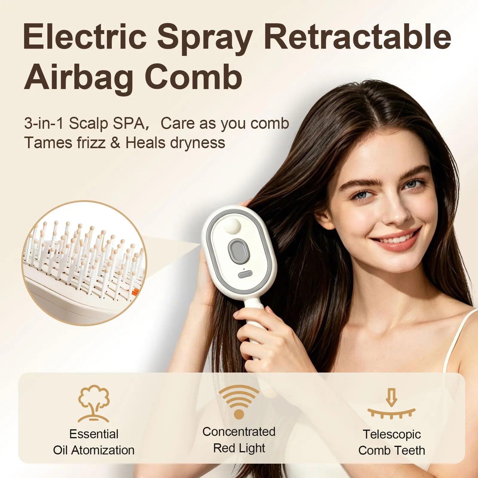 Brosse à cheveux électrique massante avec coussin d'air et brumisateur, 2 en 1, démêlante et brumisatrice avec poils rétractables, utilisable sur cheveux secs ou mouillés (White,1)