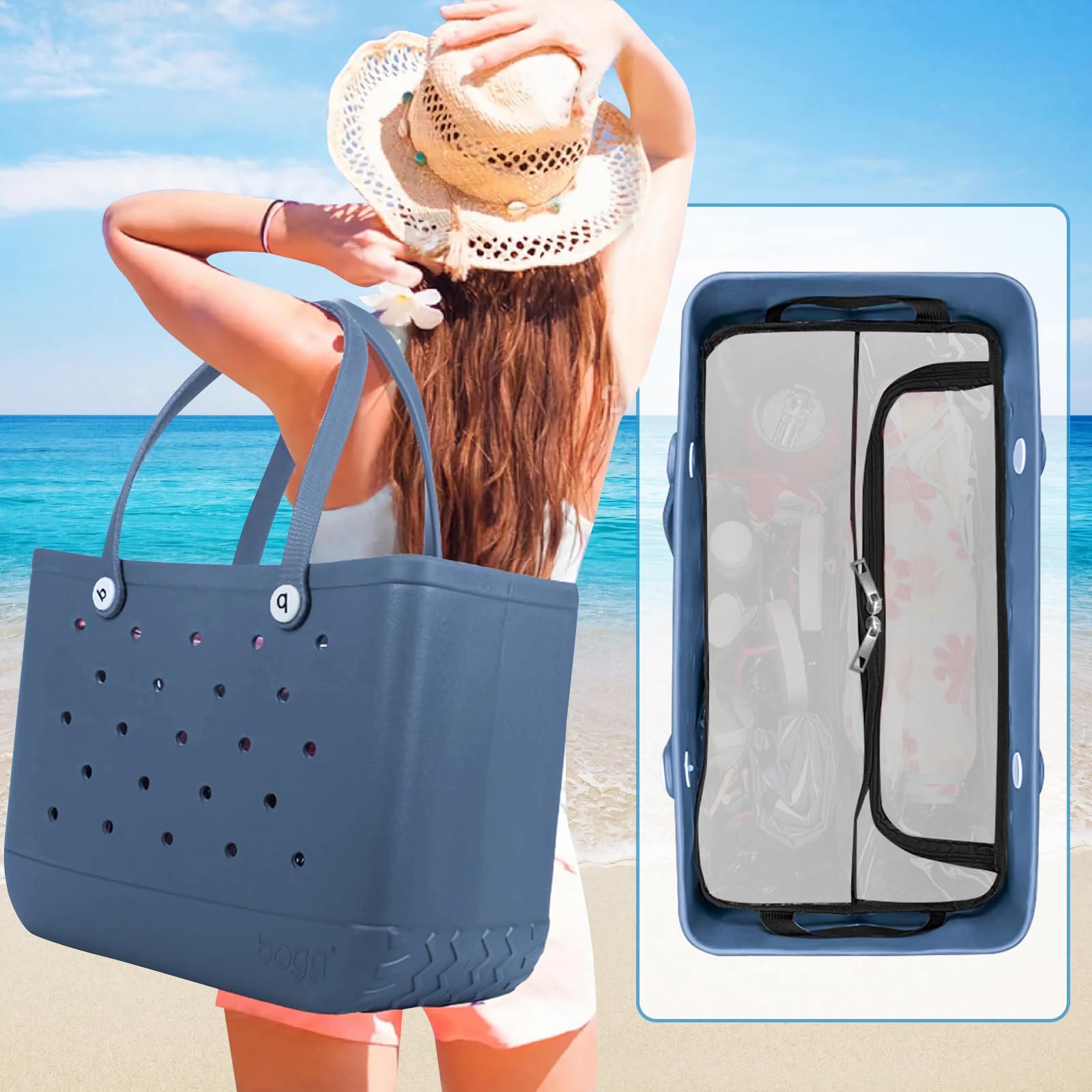 Organiseur De Sac De Plage En Maille - Pour Sac Bogg Moyen - Poche Téléphone, Porte-lunettes, Mousqueton - Gris