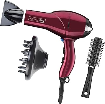 Infiniti PRO CONAIR Hair Dryer with Diffuser, Professional AC Motor, Tourmaline Ceramic Technology Blow Dryer, Includes Concentrator and Blowout Brush, Burgundy