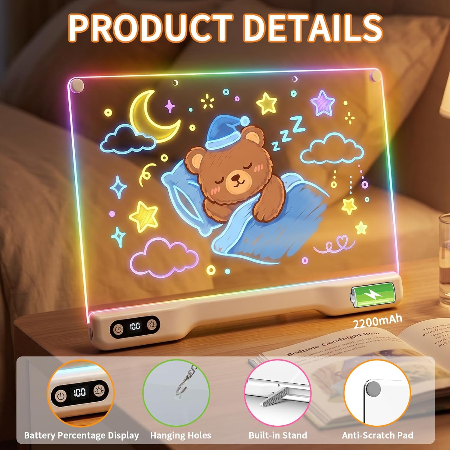 Rechargeable LED Drawing Board for Kids, 16” LED Note Board | LED Message Board with 10 Light Modes & Stepless Dimming, 2200mAh Light Up Dry Erase Board for Boys Girls Birthday Christmas