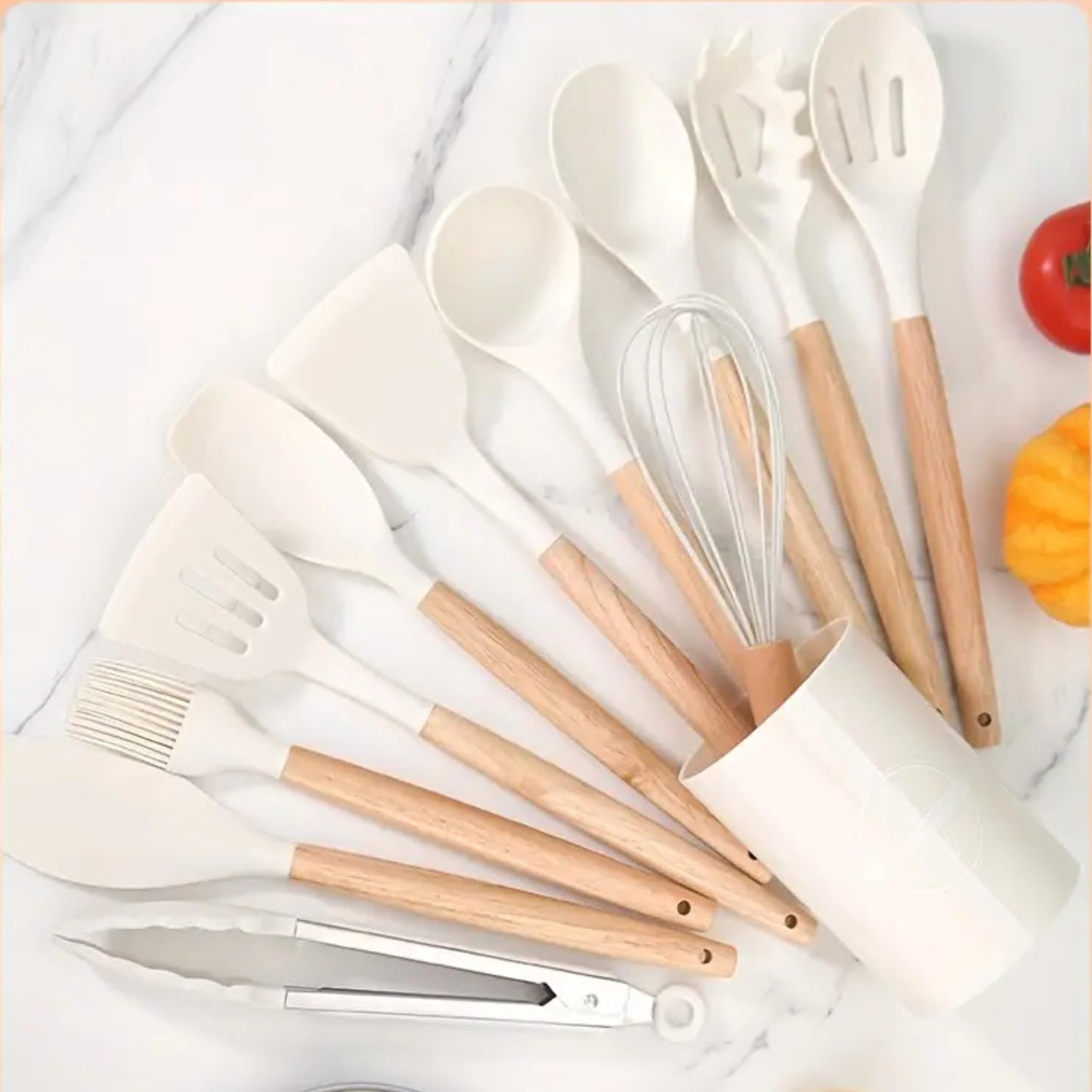 - Silicone Kitchen Utensils Set with Wooden Handle – Heat-Resistant Non-Stick Cooking Tools | Spatula, Brush, Spoon & Whisk | Baking & Cooking Utensils for Women (12 PCS)