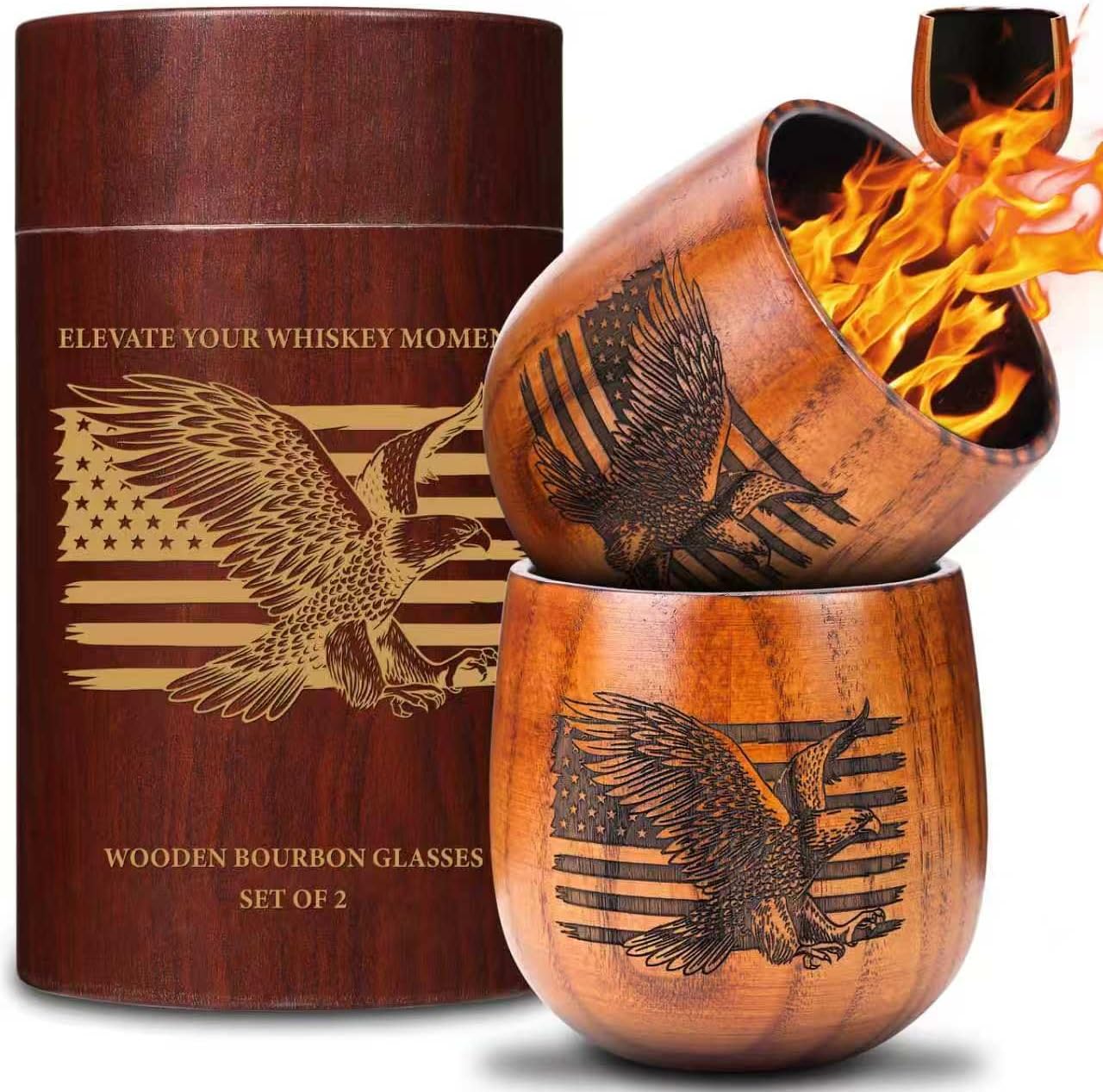 Original Charred Wooden Bourbon Drinking Glass, 11oz Handcrafted Engraved Wood Glass for Men | Unique Unbreakable Whiskey Glass for Dad, Brother, Husband