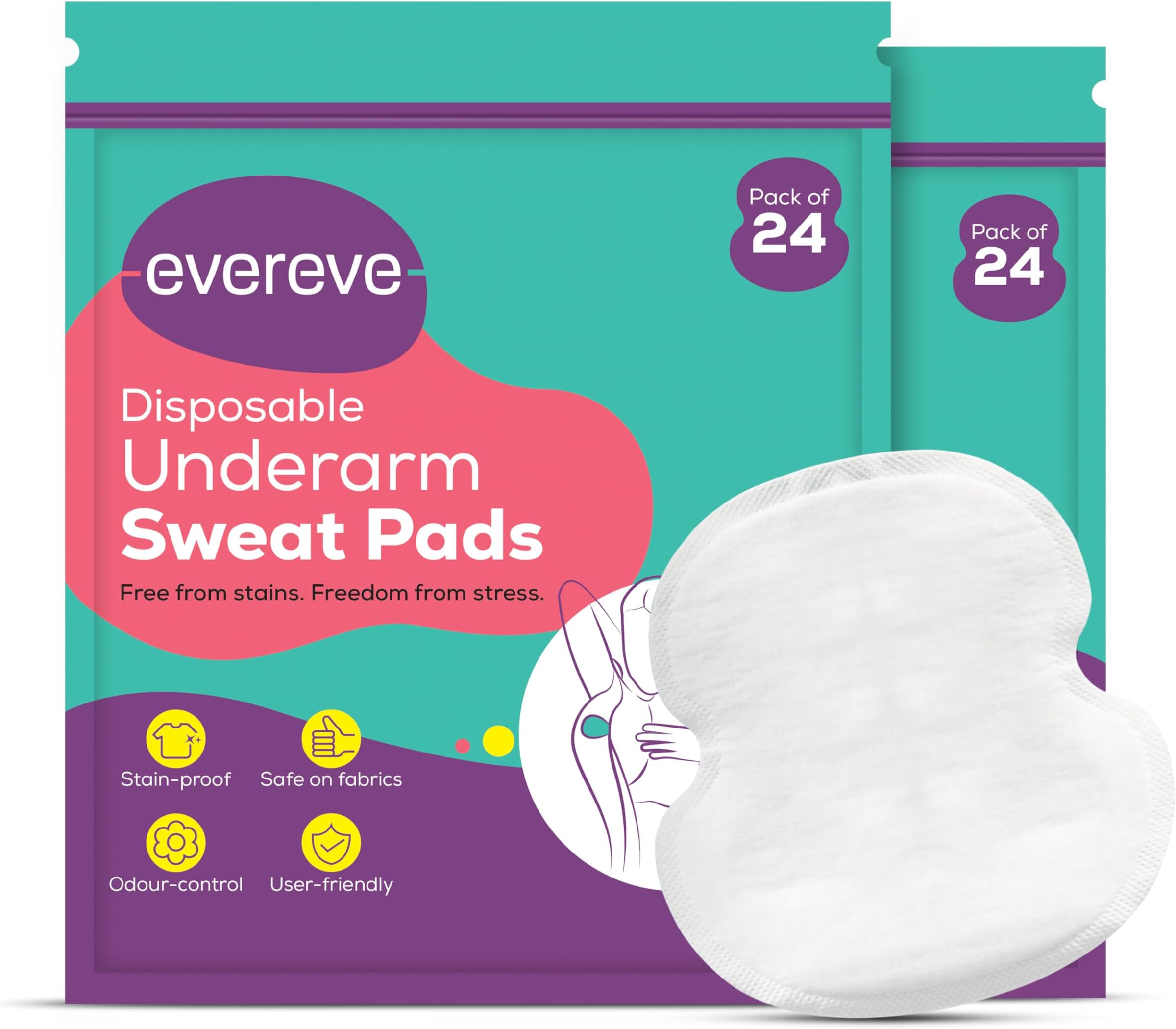 Evereve Disposable Underarm Sweat Pads (24's x 2) 48 pcs for Women & Men, Folded, Sweat absorbent, Stain proof, with Anti-Bacterial technology, Odour control, Skin friendly, Safe on fabrics