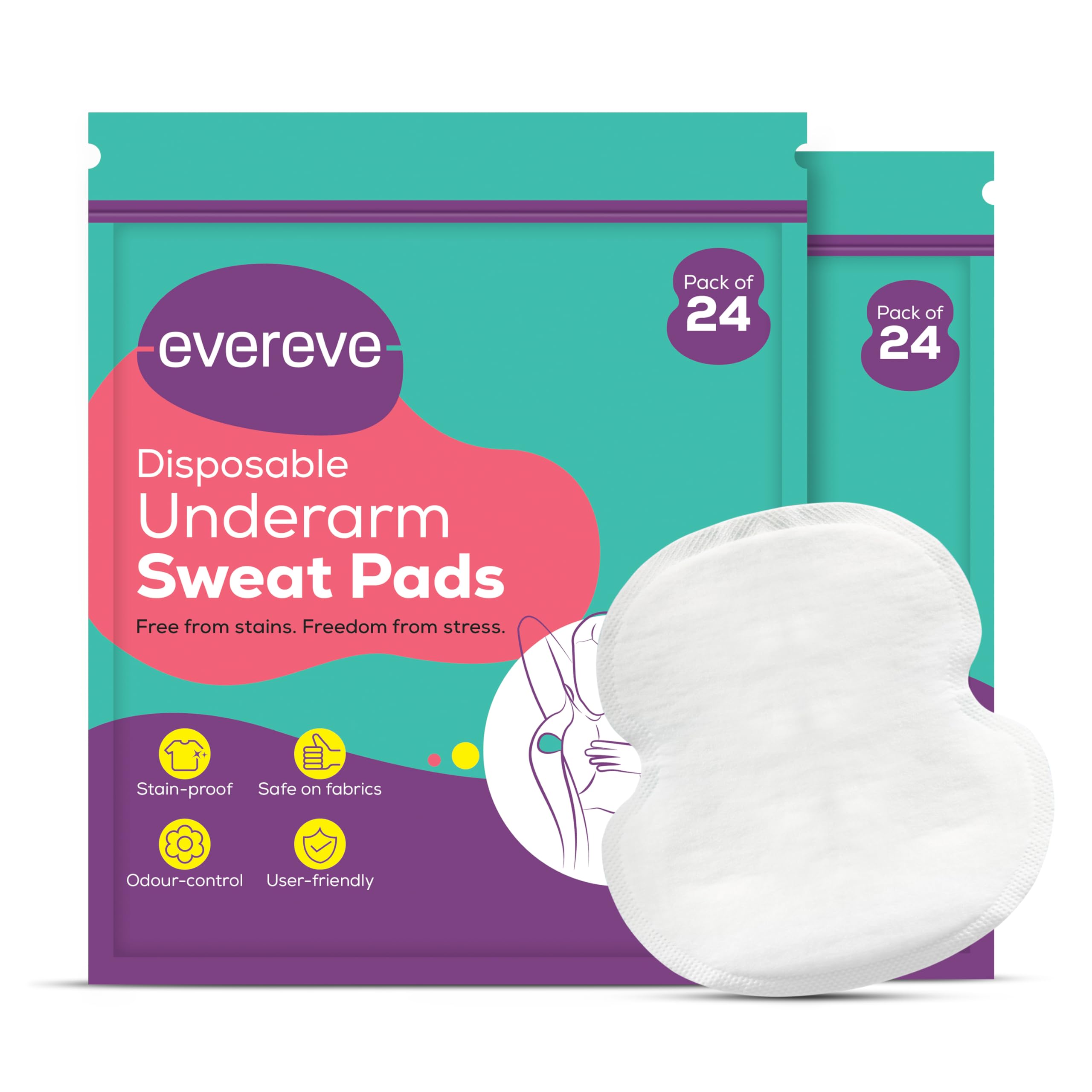 Evereve Disposable Underarm Sweat Pads (24's x 2) 48 pcs for Women & Men, Folded, Sweat absorbent, Stain proof, with Anti-Bacterial technology, Odour control, Skin friendly, Safe on fabrics