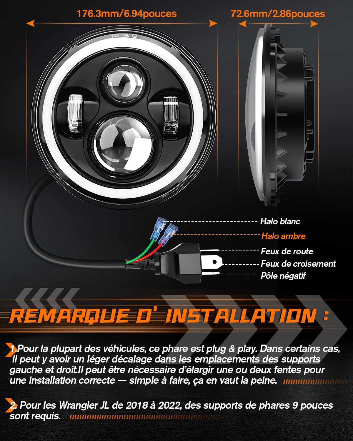 CO LIGHT 7” Rond Phare Voiture OffRoad, Blanc HI LO Beam, Blanc Ambré Halo DRL/Clignotant, 6000K 12V/24V