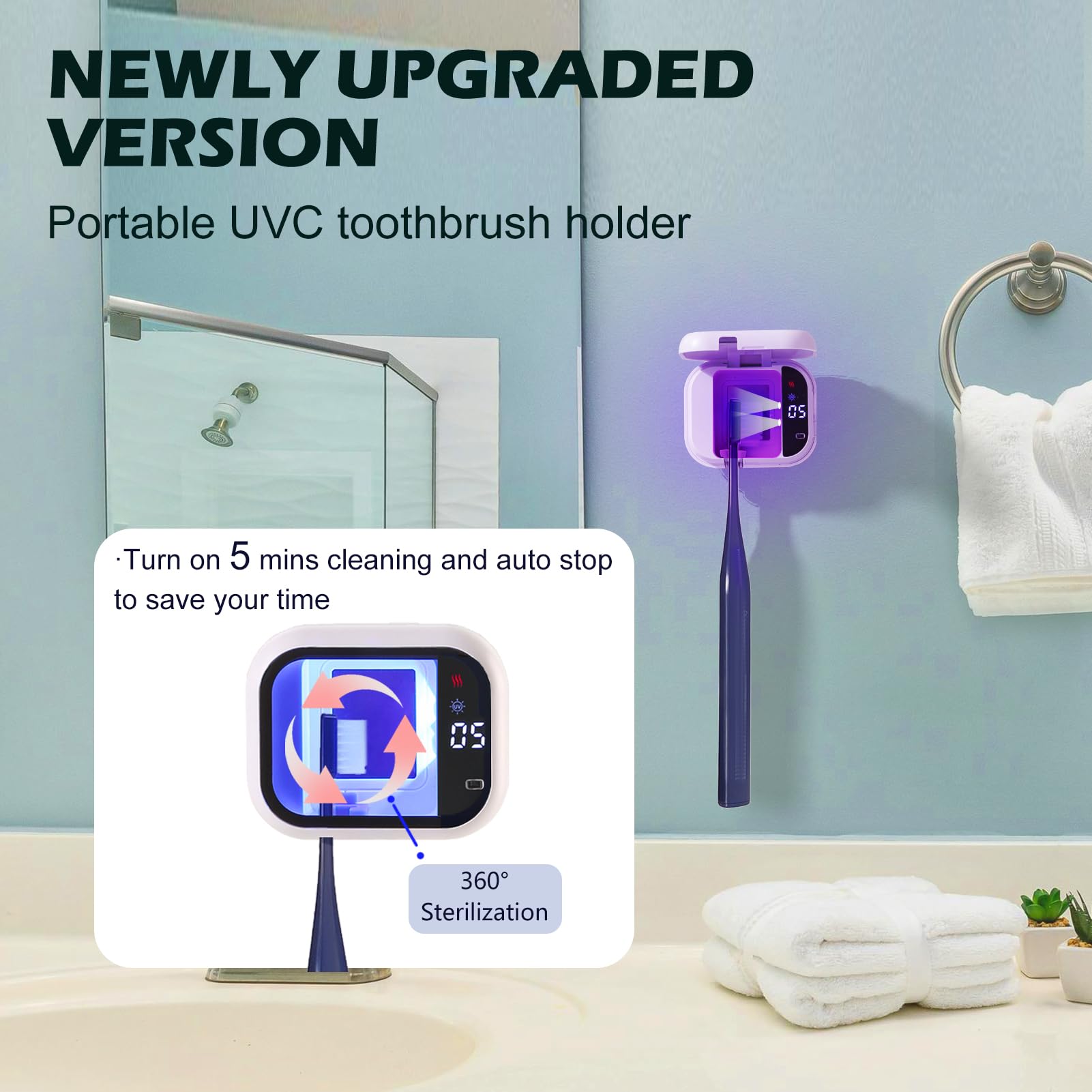 Limpiador de cepillos de dientes UV-C, funda de viaje portátil para cepillo de dientes manual/eléctrico, soporte magnético y funda recargable para cepillo de dientes de cualquier tamaño