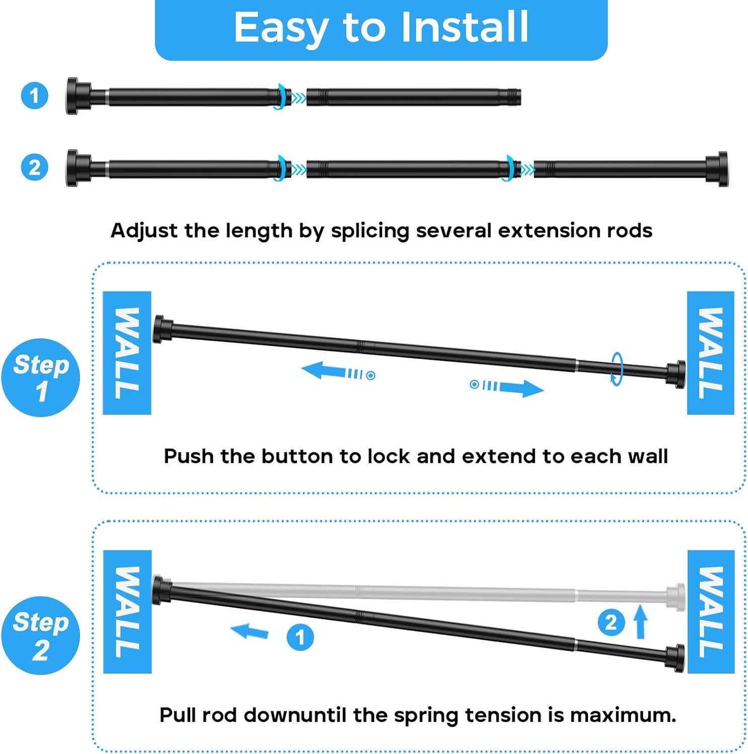 shower curtain rod 46-78 inch,0.87"diameter adjustable spring tension curtain rods no drill,matte black shower tension rod for bathroom,room divider,window,anti-rust non-slip 1-pack black 46" to 78"-1pcs