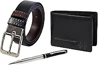 Kit Masculino 3 Peças com Cinto Dupla Face 130 cm, Carteira 100% Couro e Caneta com Estojo Acrílico - Presente Masculino Homem