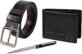 Kit Masculino 3 Peças com Cinto Dupla Face 130 cm, Carteira 100% Couro e Caneta com Estojo Acrílico - Presente Masculino Homem