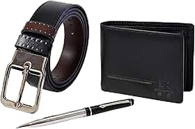 Kit Masculino 3 Peças com Cinto Dupla Face 130 cm, Carteira 100% Couro e Caneta com Estojo Acrílico - Presente Masculino Homem