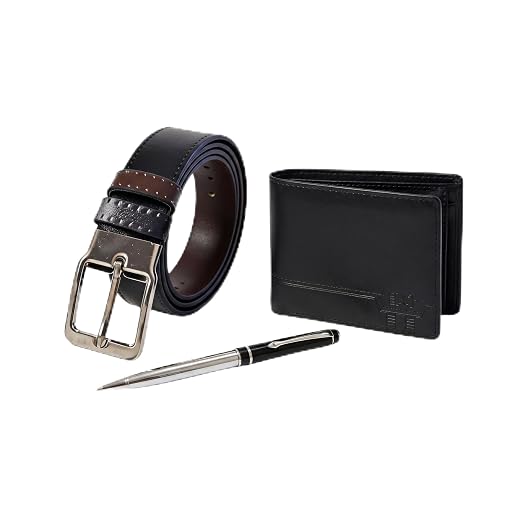 Kit Masculino Premium 3 Peças: Cinto Dupla Face (Marrom/Preto), Carteira Elegante e Caneta Esferográfica com Estojo