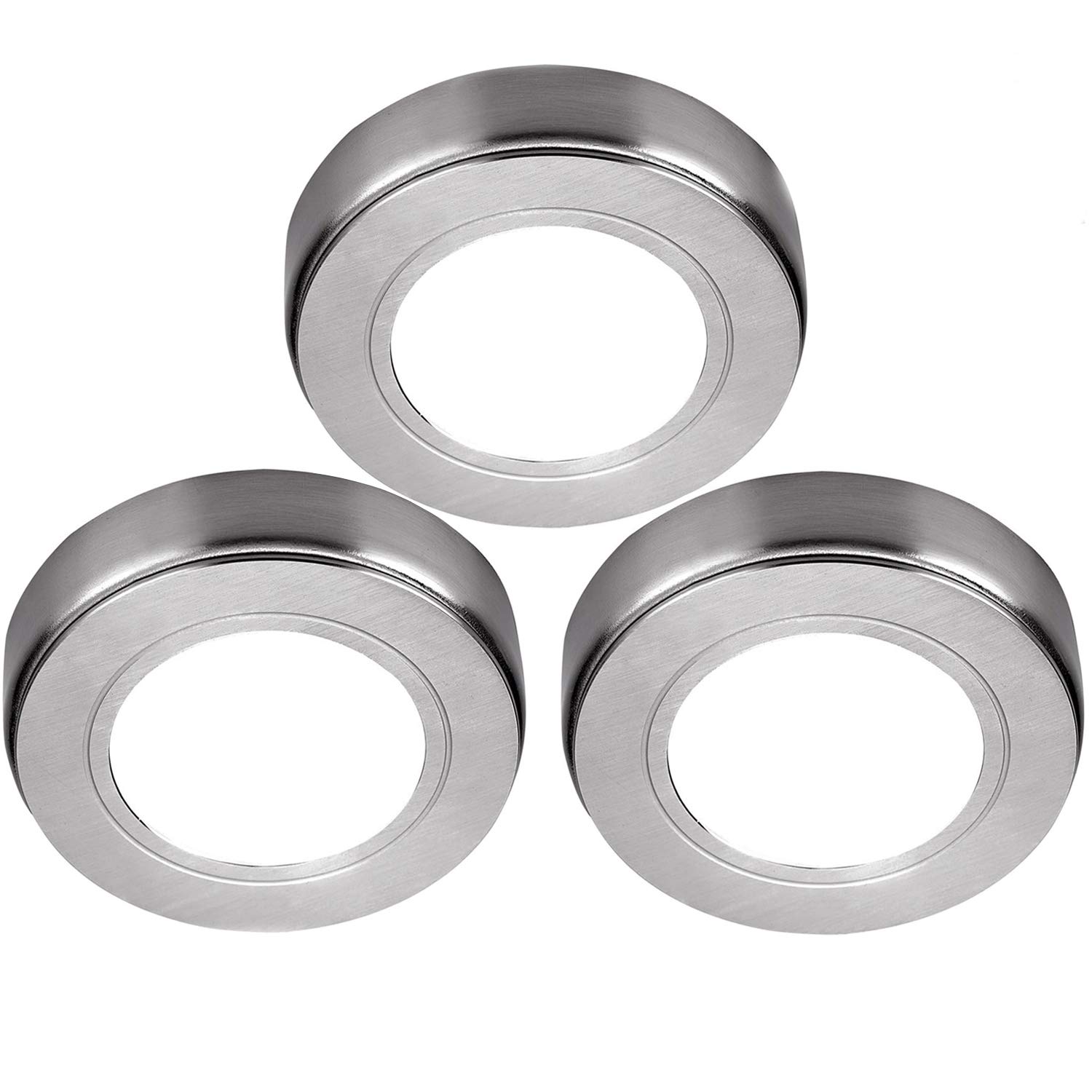 Loops 3 Pack | Bright 2.6W LED Under Cabinet Spot Lights & Driver Kit | Kitchen Worktop Countertop Cupboard Unit Down Light | Modern Round Lighting Brushed Nickel 3 Lights & Driver