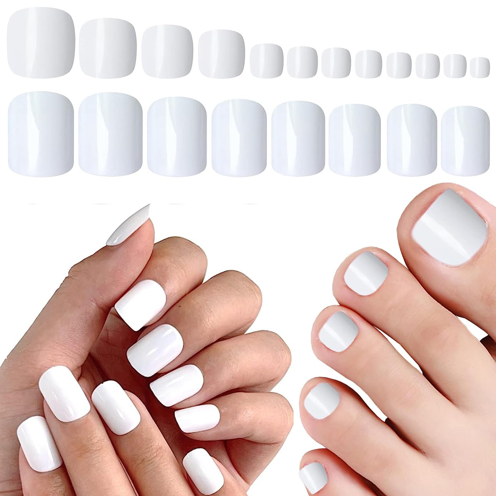 Short Press on Nails Toenails Kit 360pcs Full Cover Glossy White Fake Nails with 10 Sheets Adhesive Glue Tabs for Women Girls