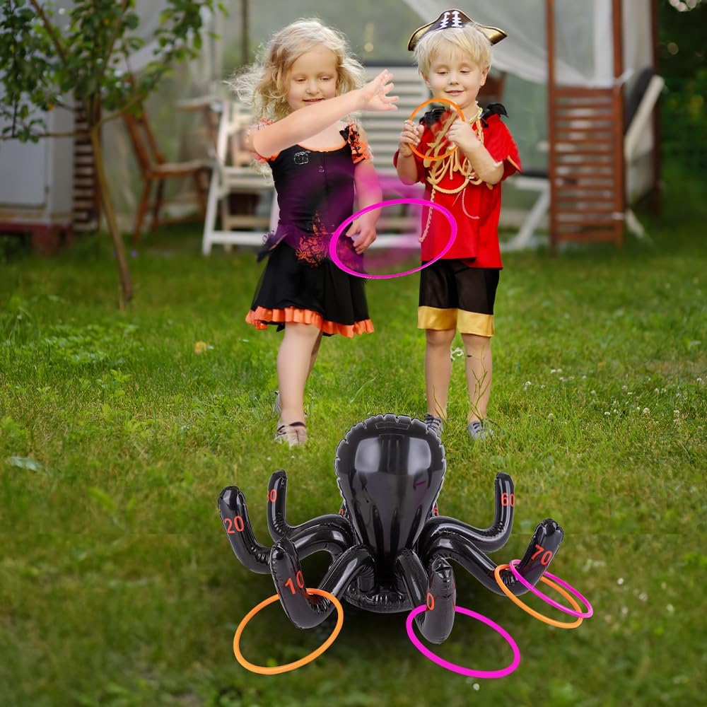 ArtCreativity Halloween Ring Toss Game for Kids - 21 Piece Set - Inflatable Spider, 2 Witch Hat Inflates, 6 Plastic Rings, 12 Inflatable Rings, and Pump - Halloween Games for Party