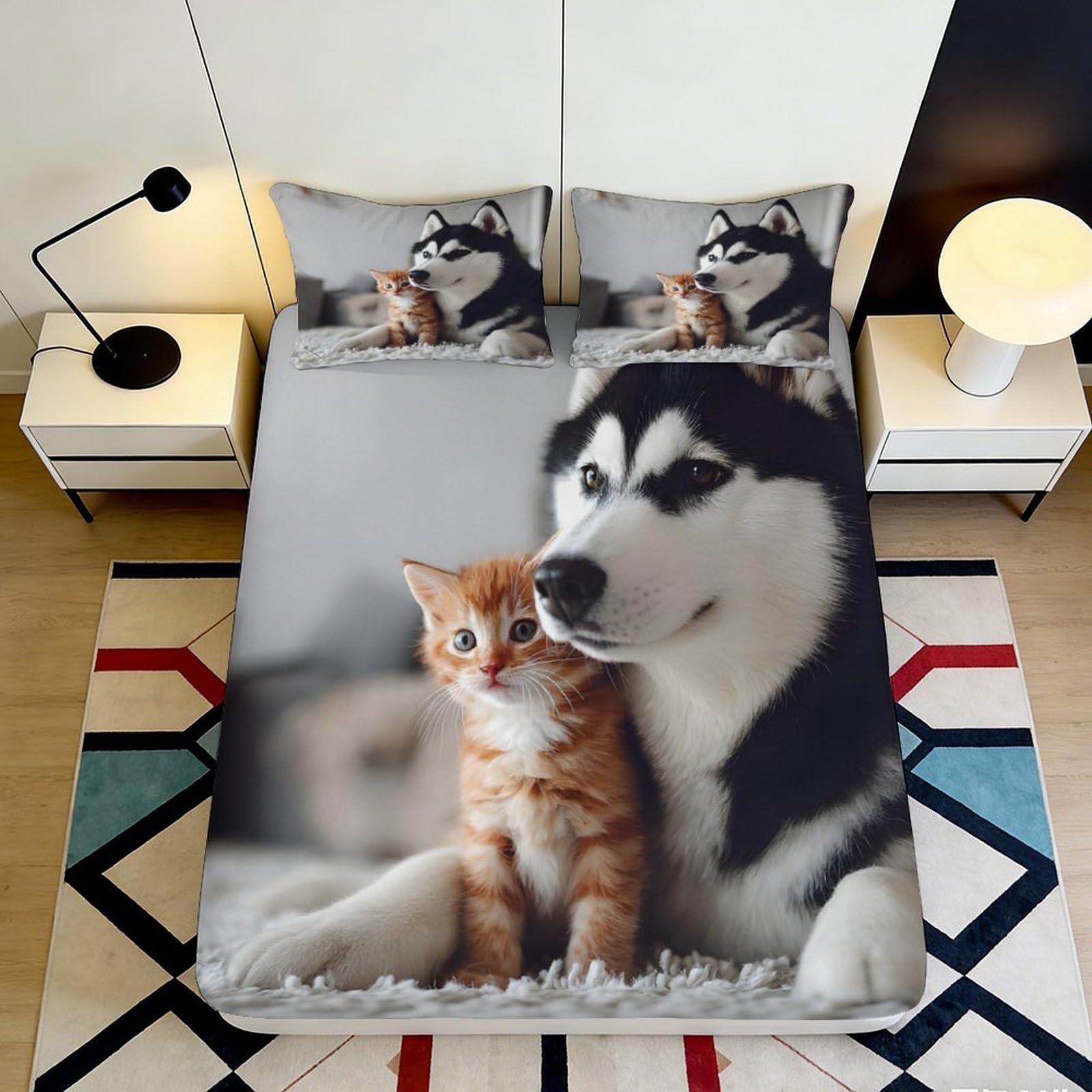 3D Printed Husky Cat Fitted Sheet Microfiber Anti-Slip Mattress Cover for Bedroom Dorm Easy Care Decor 100x200cm 180x200x25cm
