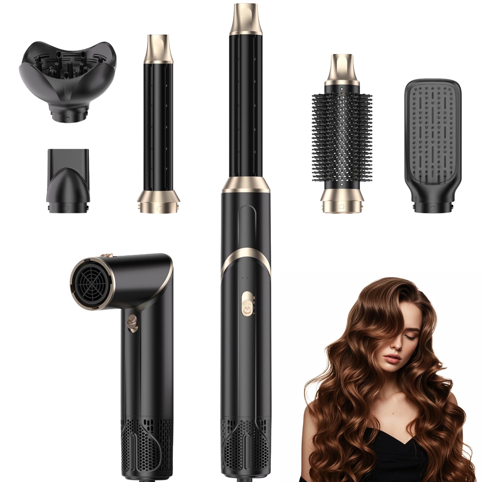Cepillo de Aire 1000W, Cepillo Secador de Pelo, Secador de Pelo Iones Negativo, Cepillo Alisador, 2 Rizador, Voluminizador, Moldeador de Pelo con 3 Temperaturas, para Seca Alisa Volumen