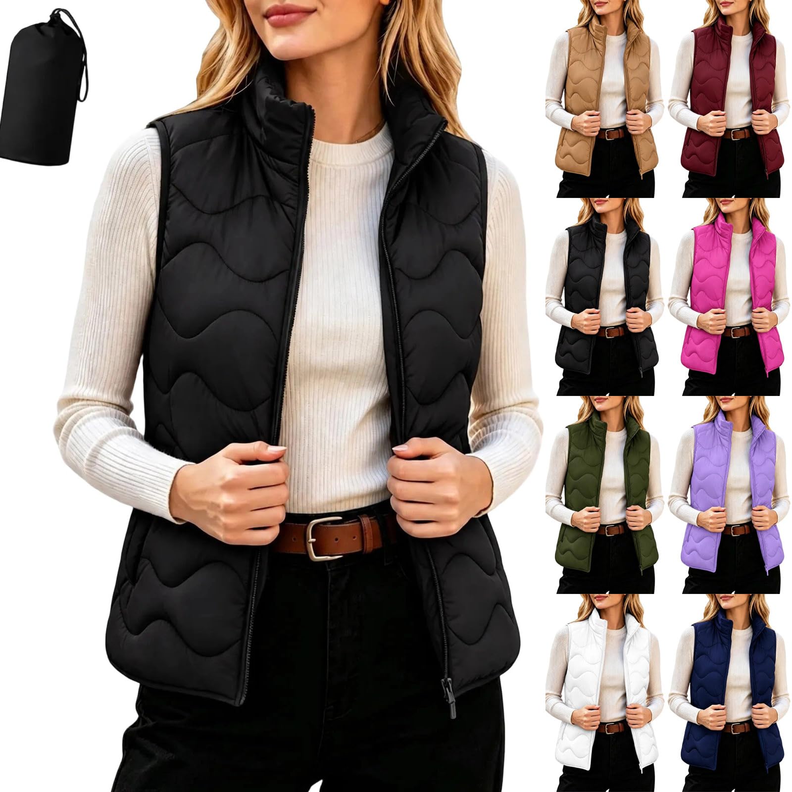 Puffer Vest Women Quilted Zip Up Stand Collar Coats with Storage Bag