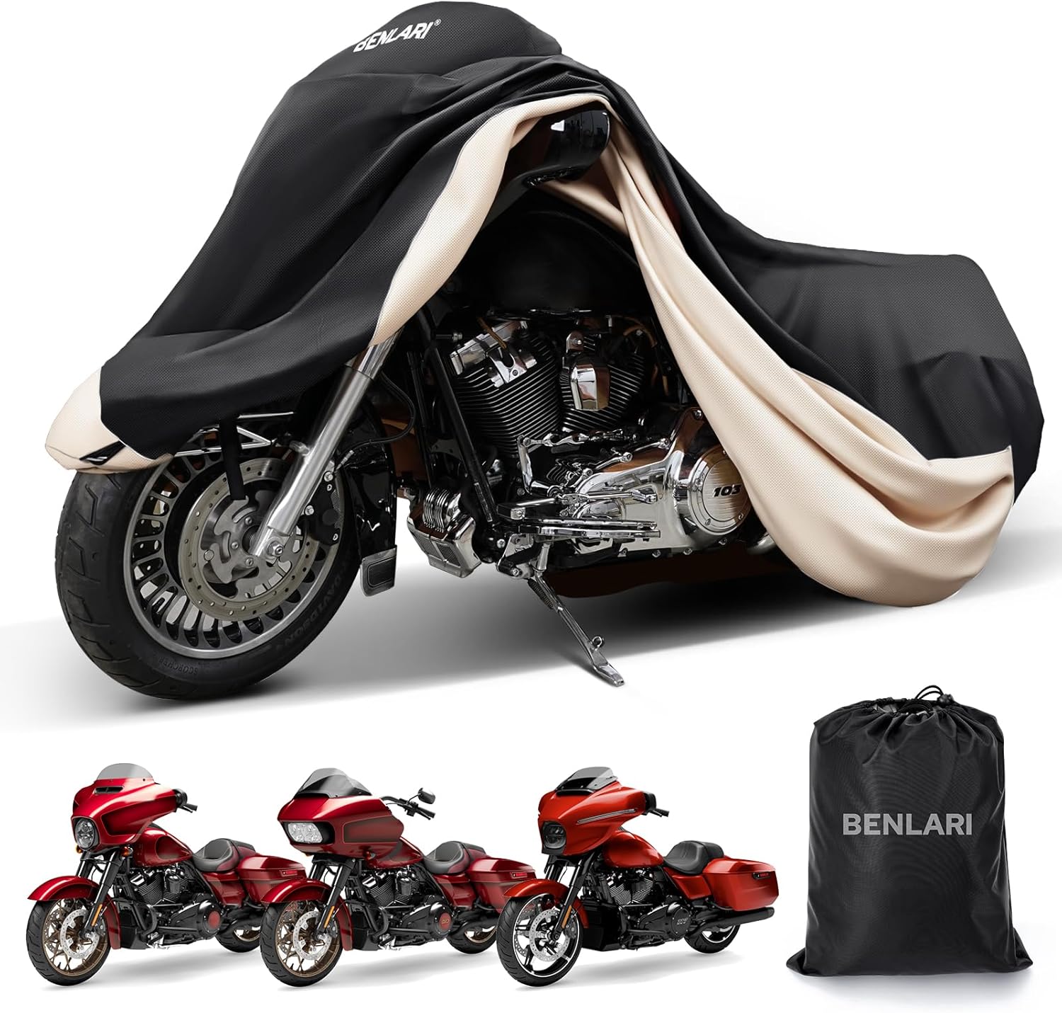 Benlari Waterproof Motorcycle Cover with Side Top Box Compatible with Harley Davidson Touring Models Road King Street Glide Road Glide Electra Glide Outdoor All Weather Protection, L,107" x 43" x 50"