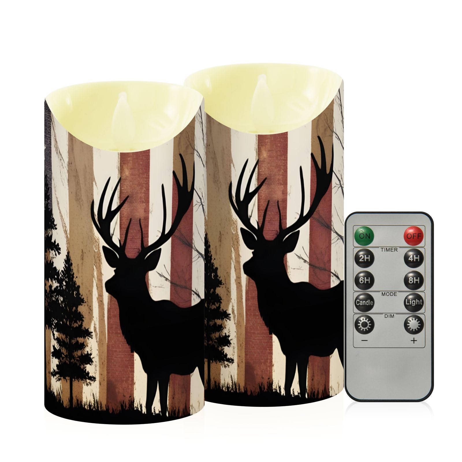 Ewusp American Flag Deer Antlers Hunting Flameless Candles Battery Operated Flickering LED Pillar Candles Set of 2 with Remote Control & Timer, for Home Decor Wedding Holiday Party Centerpieces