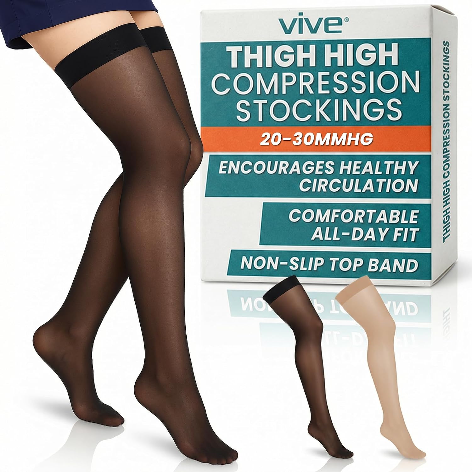Vive Thigh High Compression Stockings for Women & Men - 20-30 mmHg Graduated Support Hose - Opaque Closed Toe Compression Tights - Stockings for Varicose Veins, Swelling, Edema, & Improved Circulation