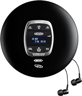 Jensen Professional Portable CD Player with Bluetooth | CD-R/RW MP3 Playback | FM Radio | Mega Bass Boost | Pro in-Ear Wired Earbuds | (Matte Black Edition)