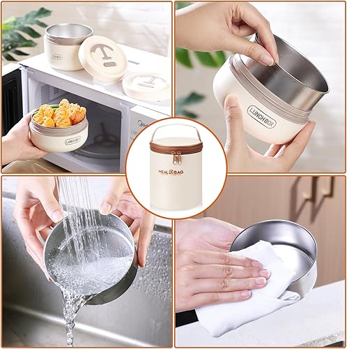 Vista 13 de Dandat 2 recipientes aislados para el almuerzo, caja térmica Bento con bolsa, tenedor, cuchillo, lonchera de acero inoxidable para microondas, 15.2