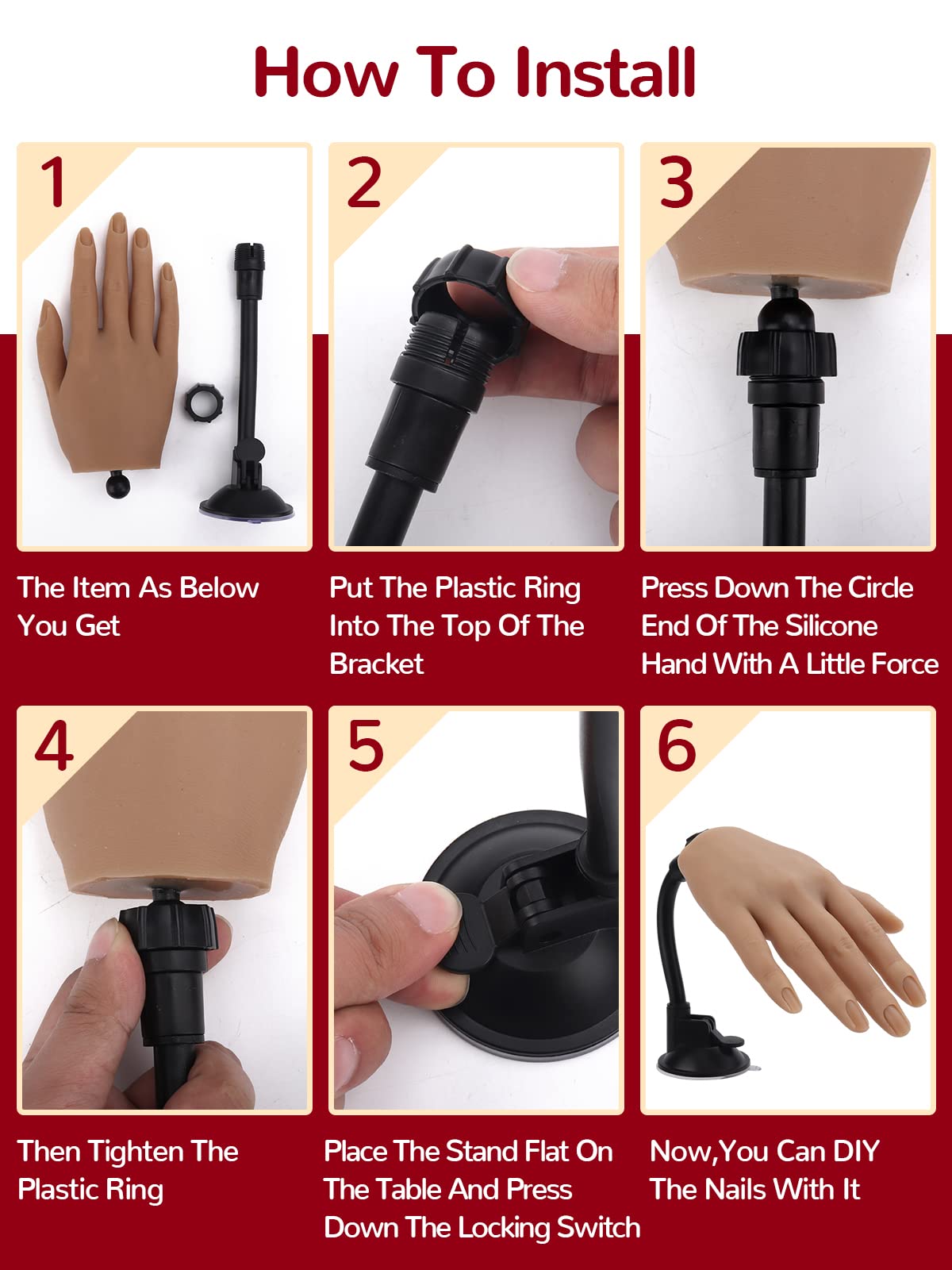 Yokilly Mano de práctica para diseño de uñas, mano de silicona para uñas de gel, 100 unidades de uñas artificiales, uñas falsas, manos de ejercicio, modelo de ejercicio, manicura, juego de manicura