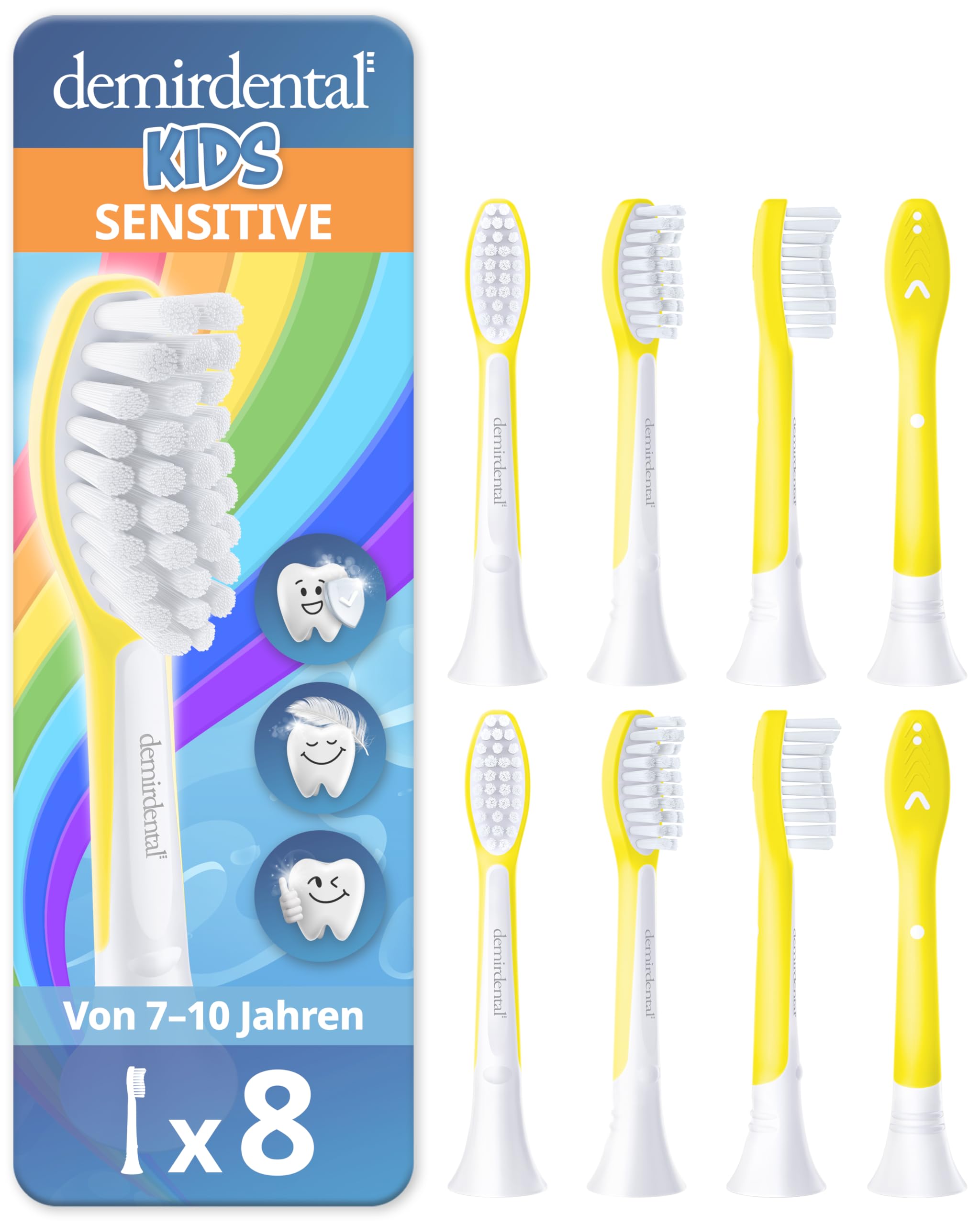 demirdental Główka szczoteczki do szczoteczki Philips Sonicare Kids dla dzieci, do pierwszych zębów stałych, dzieci w wieku 7-10 lat, zastępuje HX6048 HX6044, żółta, zestaw 8 szt