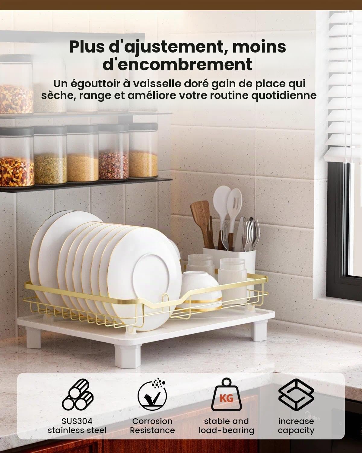 APPASO Égouttoir à vaisselle doré, antirouille avec porte-couverts et base auto-drainante, pieds antidérapants et assemblage facile – Égouttoir à ustensiles peu encombrant pour comptoir de cuisine