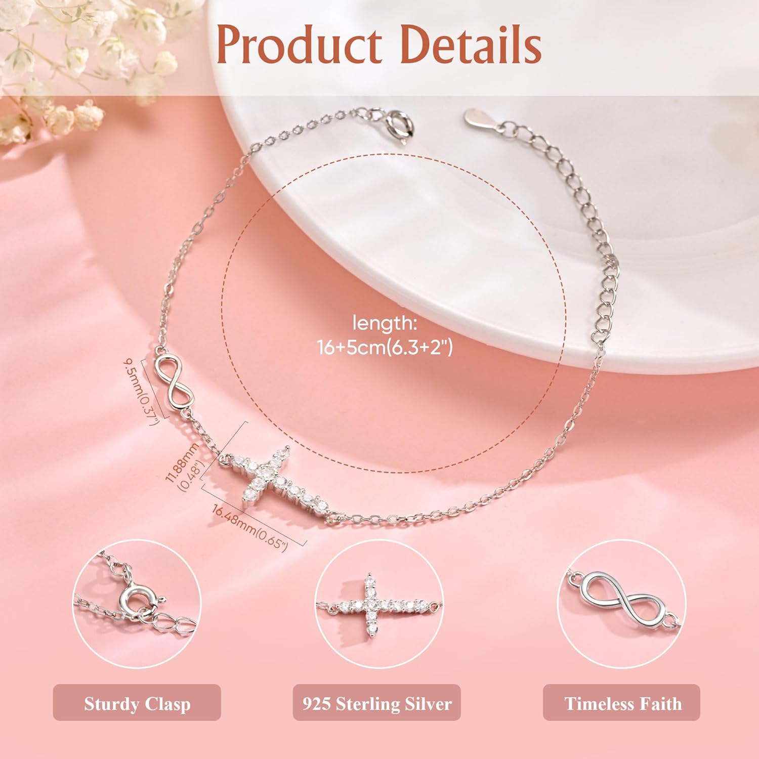 925 Sterling Silver Cross Bracelet for Women - Christian Religious Faith Infinity Cross Bracelets Dainty Inspirational Gifts for Her Birthday Baptism Confirmation Easter - Image 4