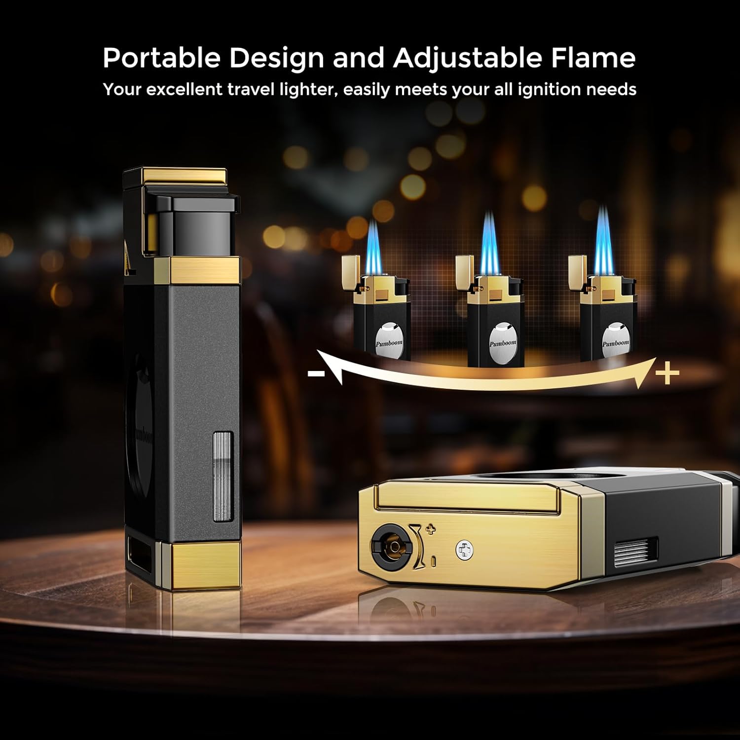 Triple Jet Torch Lighter with Guillotine Tool, Draw Enhancer Tool, Gifts for Men, Refillable Butane Lighter with Versatile Accessories, Windproof Lighter for Travel, Outdoors (Without Butane)