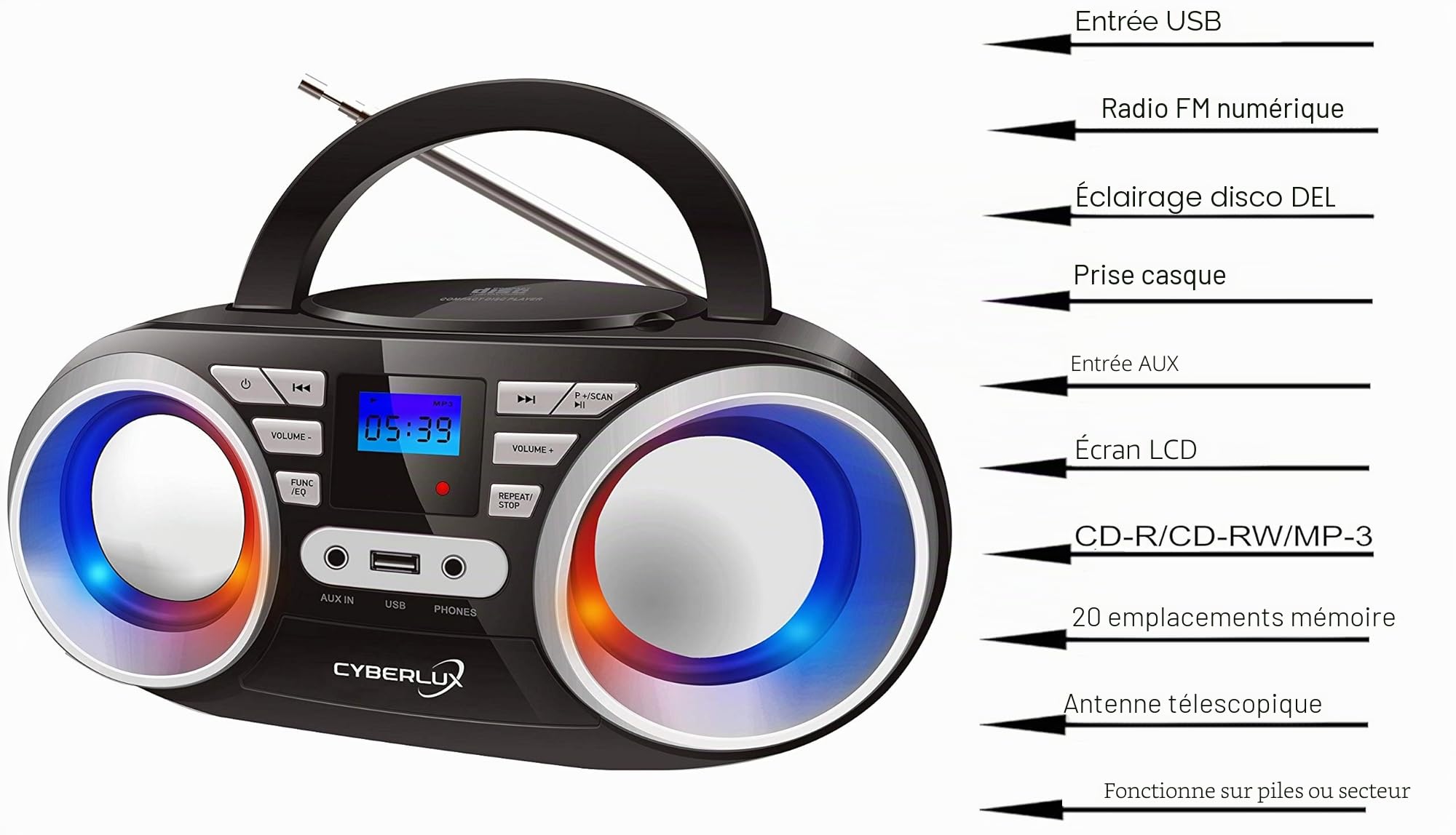 Cyberlux Lecteur CD portable, stéréo, USB, Boombox, CD/CD-R, radio FM, entrée AUX, prise casque, 20 emplacements mémoire, lumières disco LED, noir/argenté