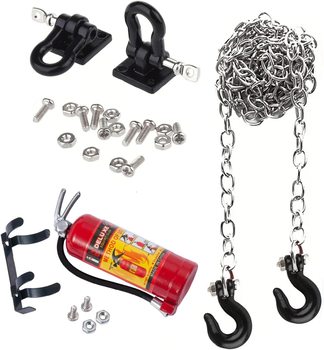 Metal Climbing RC Car Decoration Fire Extinguisher Metal Chain and Winch Shackles RC Decorations Accessories for 1/10 Crawler Car Axial SCX10 D90 D110 TRX4 TRX6 Redcat Hop-Up Parts（Black）