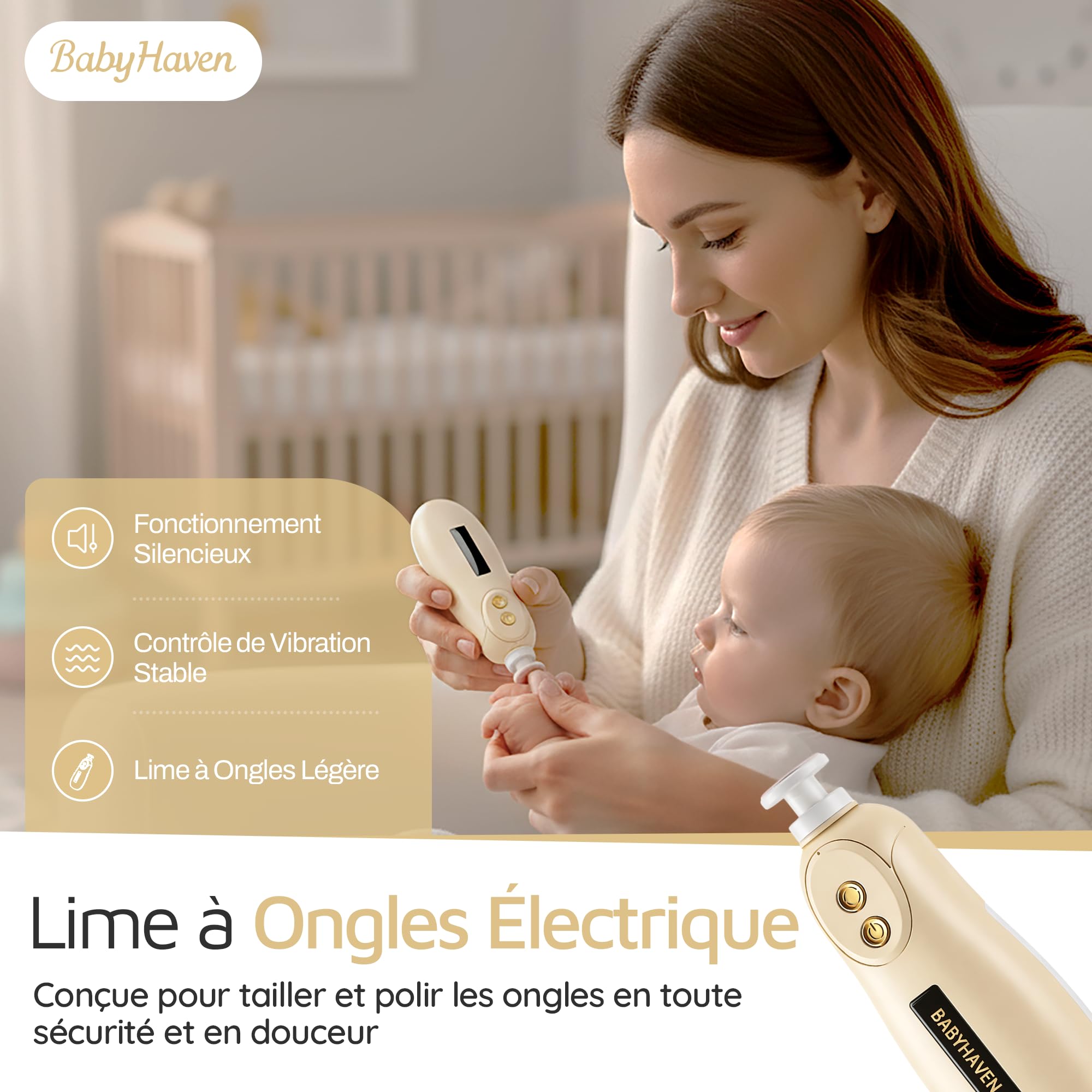 Lime à Ongles Électrique Bébé Rechargeable, Coupe-Ongles Électrique Silencieux avec Lumière LED Douce, Kit Soin des Ongles pour Nouveau-Nés, Bébés et Enfants, 6 Têtes de Rechange