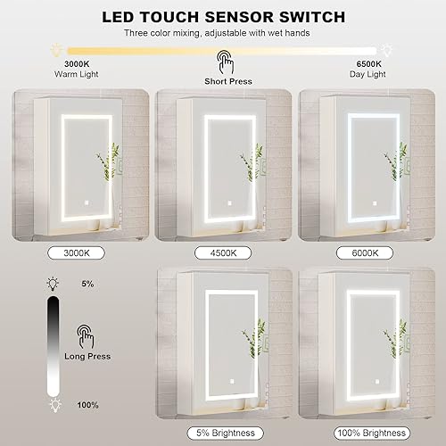 Miniatura 5 de Gabinete de medicina LED, botiquín iluminado con espejo, botiquines con espejo montado en la pared, espejo de baño con almacenamiento, botiquín de