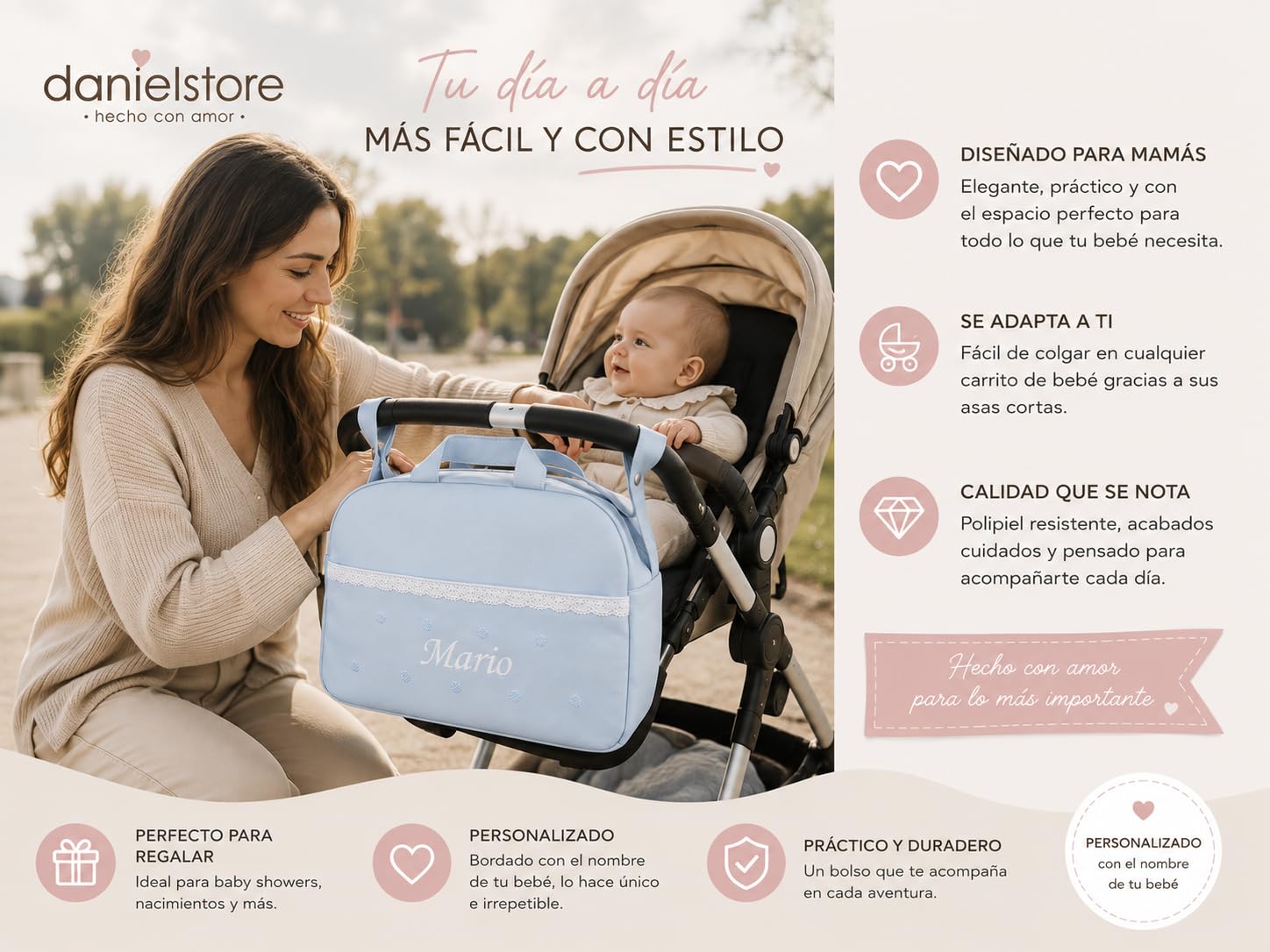 danielstore- Bolso Personalizado Bebe Carrito bebe con nombre bordado. Levante azul