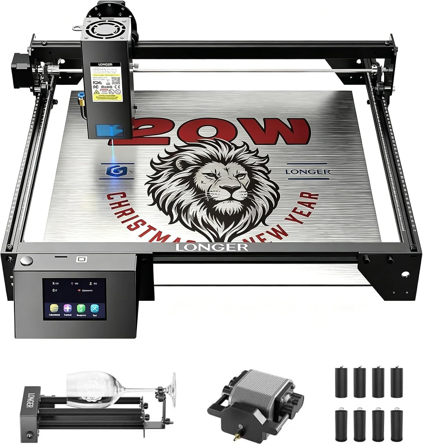 Longer RAY5 20W Laser Engraver with Air Pump, Y-axis Rotary Roller 360ยฐ Rotation with Bracket๏ผ8Pcs Laser Engraver Raiser Laser๏ผDIY Engraver Tool for Metal/Glass/Wood