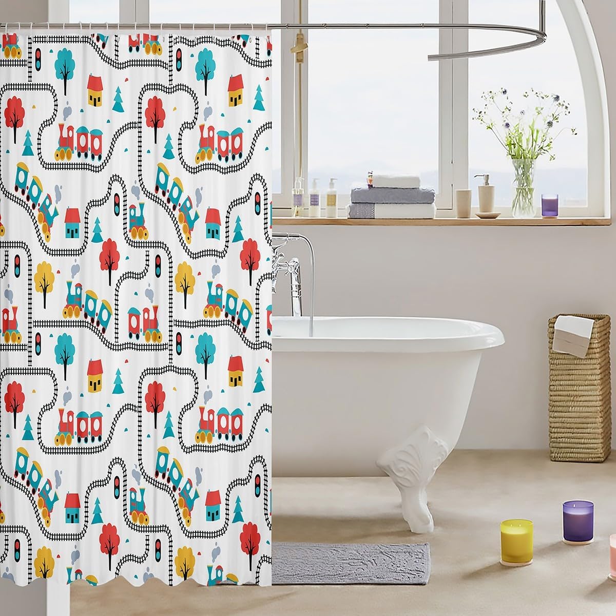 Cartoon Train Kids Shower Curtains,Cute Choochoo Vehicles Bathroom Curtains for Boys Girls Adults,Cartoon Trees City Road Transport Colorful Chic Waterproof Curtains,12 Hooks Suits,72"W x 72"L image 3