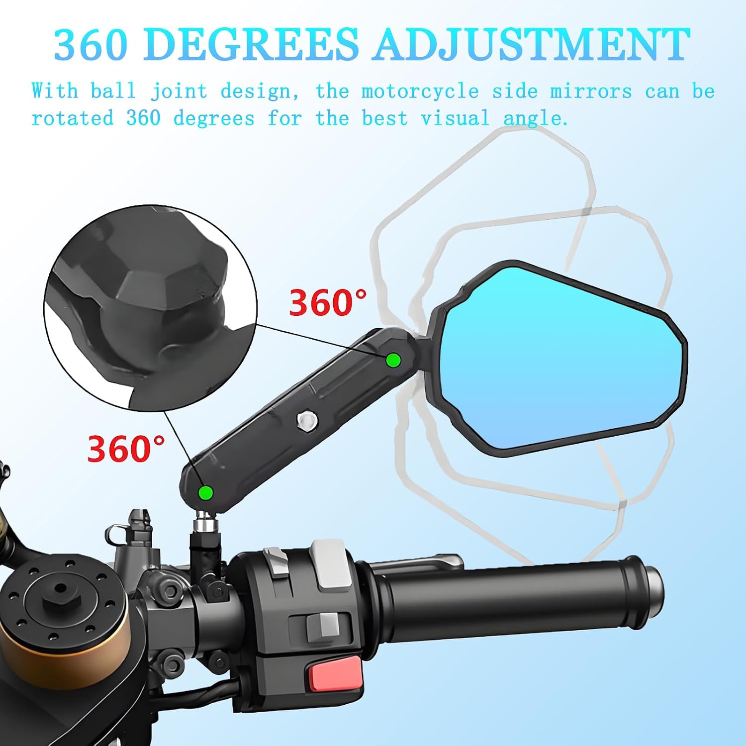 Anti-Glare Adventure Motorcycle Mirrors, ATV Motorcycle Mirrors for Handlebars M8 M10 Bolt 7/8" Mount, Dirt Bike Mirrors Foldable 360 Degrees Fit for Street Dirt Ebike Scooter Moped Quad ATV