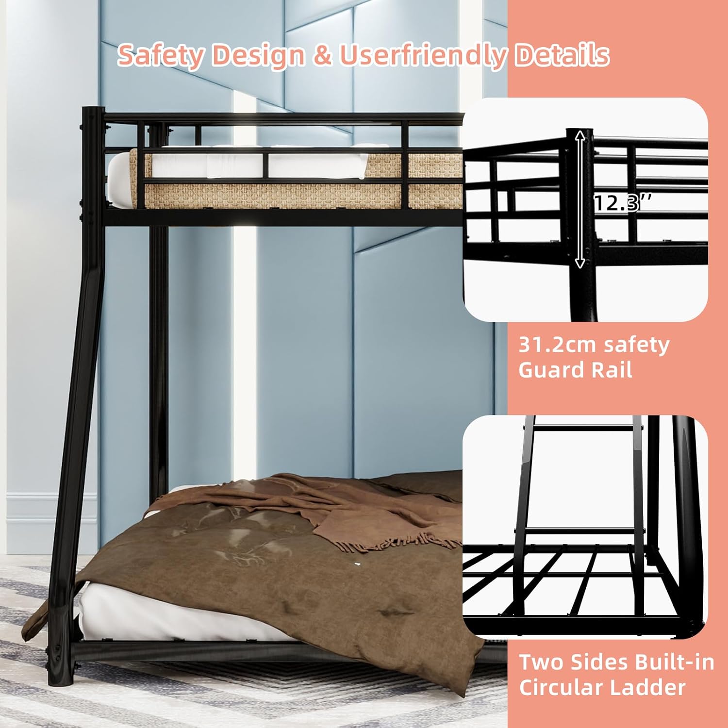 Heavy Duty Metal Bunk Bed for Teens & Adults, Twin Over Full with Removable Stairs & Guardrail, No Box Spring Needed, Black