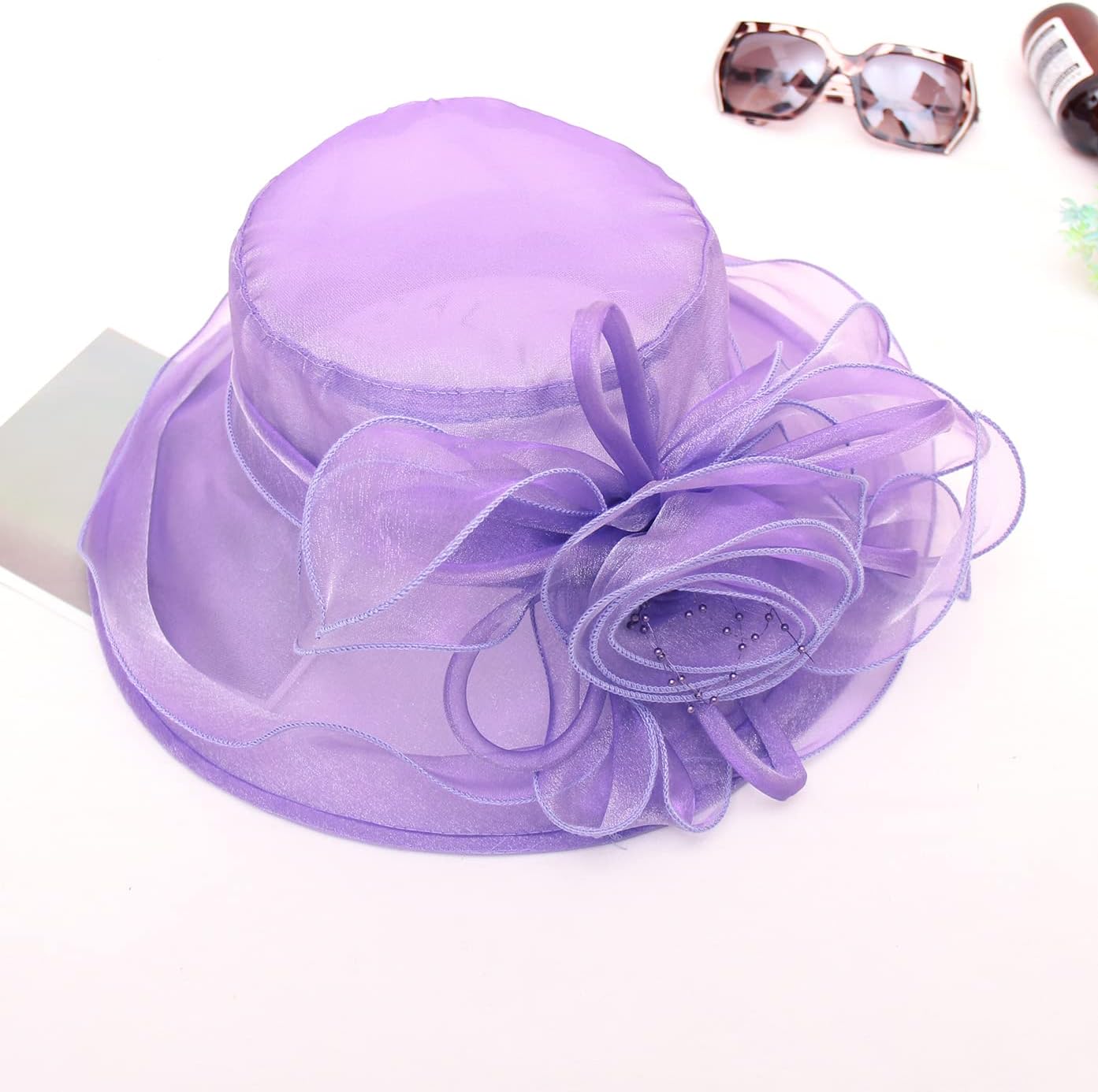 Women Derby Fascinator Hat Organza Church Wedding Hats Wide Brim Cocktail Tea Party Hat - Image 4