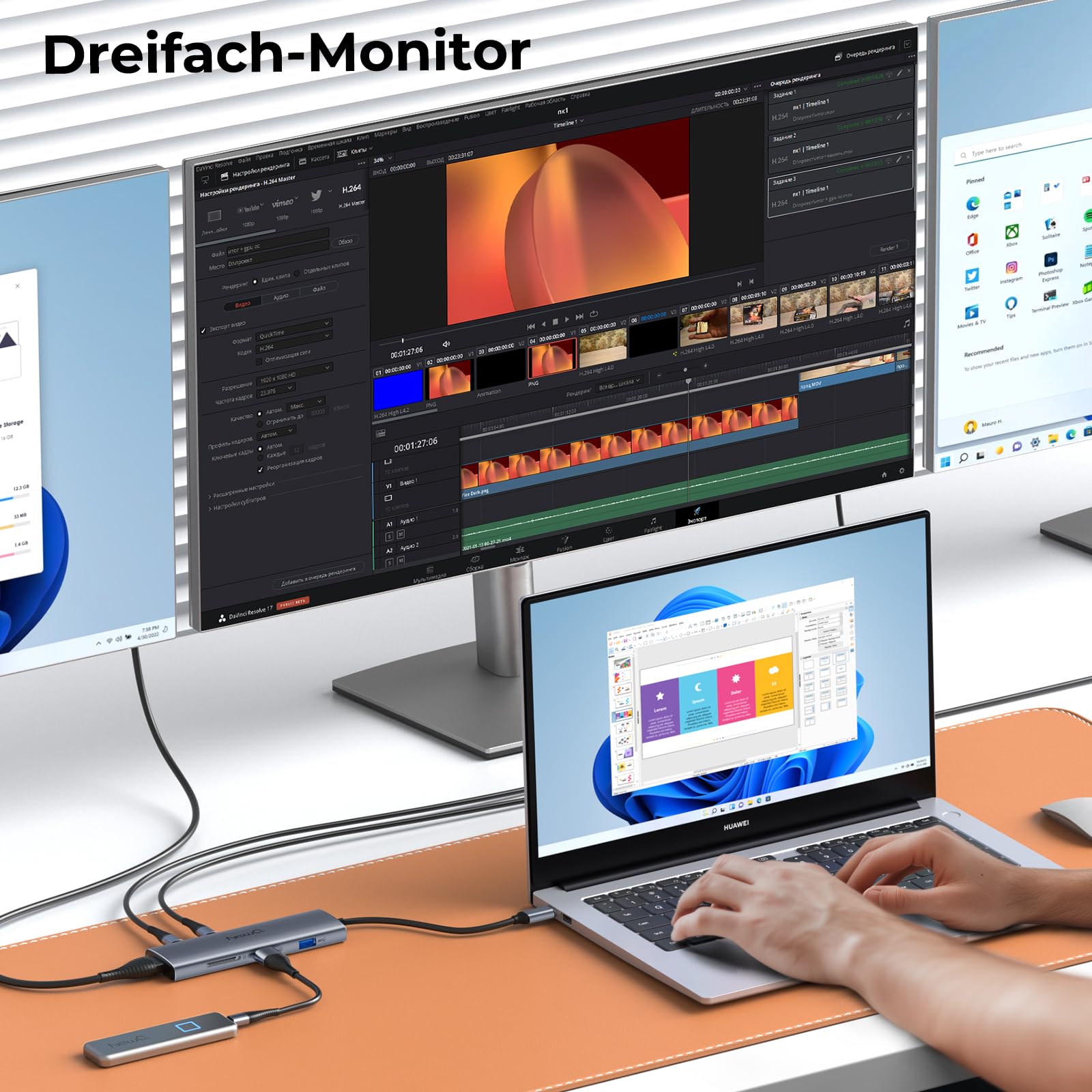 USB C Video Hub mit Dual/Triple Monitor Support, 4K@30-60Hz HDMI, 100W PD, 6X USB 10 Gbit/s, SD4.0, Typ-C Dockingstation für Windows/Chrome OS, mit USBC-Videokabel