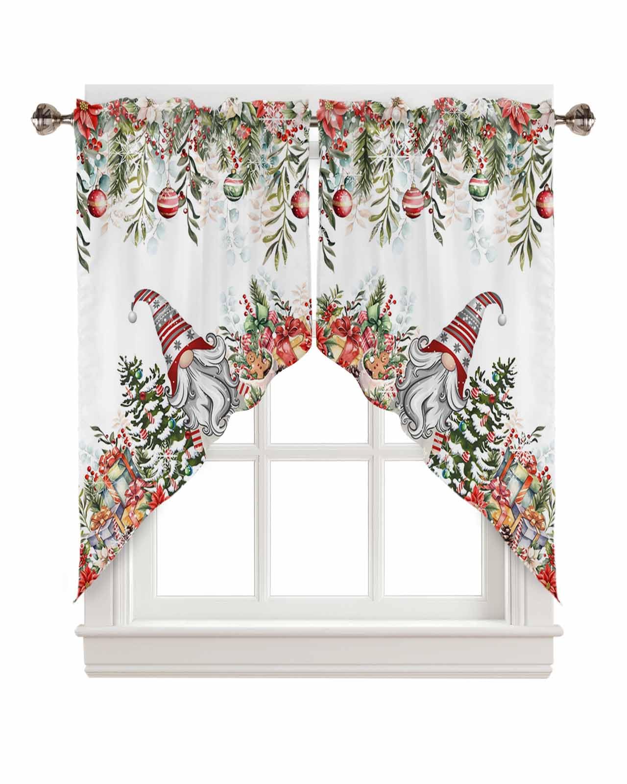 BEMIGO Christmas Cute Gnome Kitchen Valance Curtains,Farmhouse Swag Curtains,Xmas Eucalyptus Leaves Poinsettia for Bathroom Bedroom,Rod Pocket Window Panels Over Sink 36'' W x 45'' L,Set of 2
