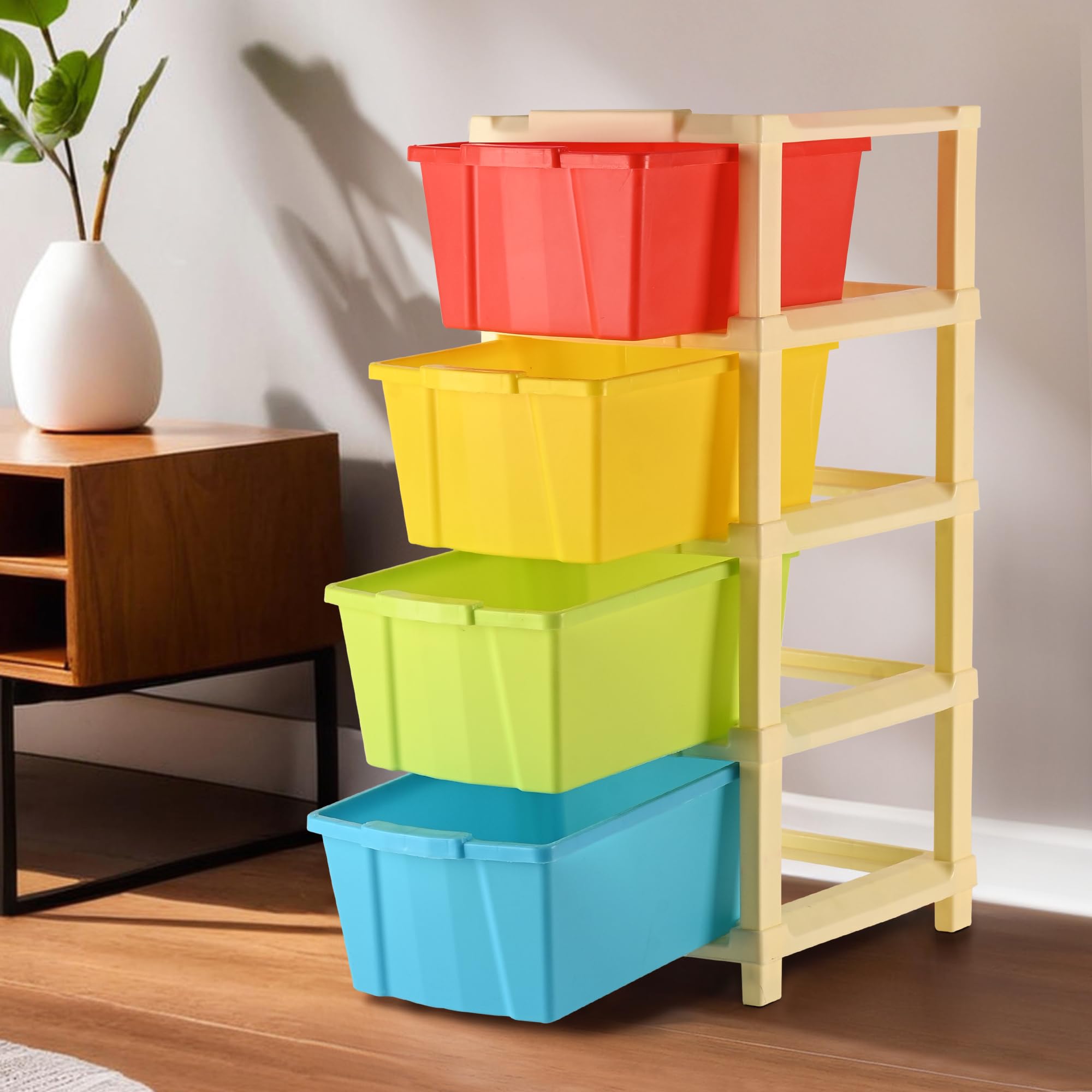 Kuber Industries 4-Tier Collapsible Multipurpose Plastic Drawers Storage Organizer | Durable Cabinets/Storage Rack for Kitchen | Kids Toy Box & Shelf for Home/Office | Multicolor