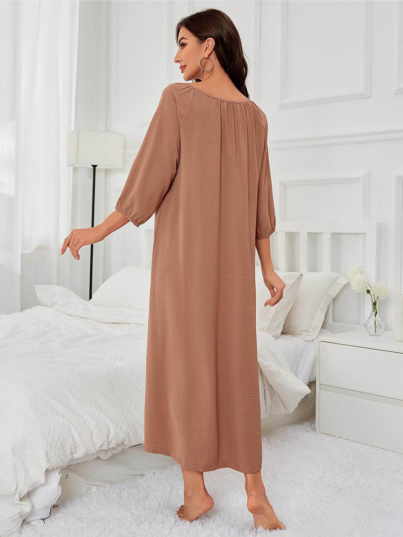 Chemise de Nuit pour Femmes Chemises de Nuit Col en V Chemise de Nuit à Manches Longues Pyjama Confortable Ample