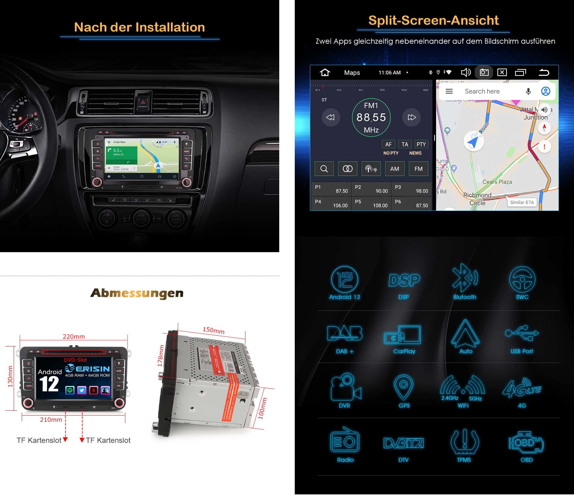 Erisin 7 Pollici Android 14 8-Core 2Din DVD Autoradio con GPS per VW Passat Golf 5 6 Caddy T5 Touran Seat Skoda Polo Supporta GPS Navigatore CarPlay DSP Android Auto WiFi Bluetooth DAB+ OBD2 4GB+64GB