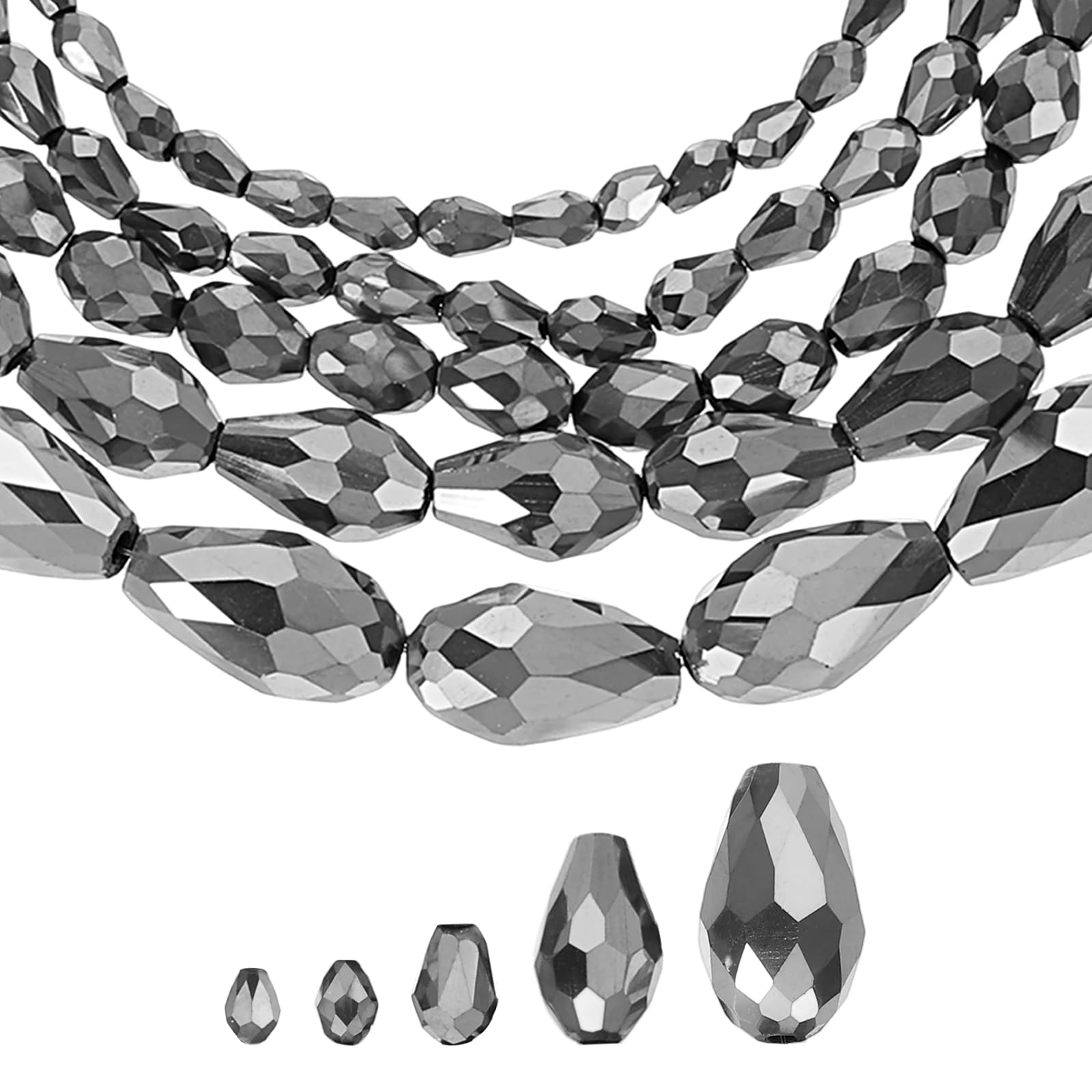 sourcing map 328 PCS Teardrop Crystal Glass Beads, 3x5mm 4x6mm 6x8mm 8x12mm 10x15mm Vertical Hole Faceted Glass Teardrop Spacer Beads for Necklace Bracelet DIY Jewelry Making, Silver