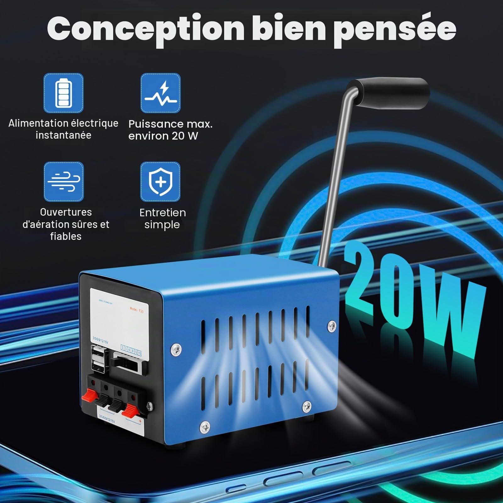 Générateur à manivelle 20W | Générateur de secours portable USB | Générateur manuel Chargeur | Alimentation manuelle Chargeur d'urgence | Générateurs à manivelle pour camping et communication