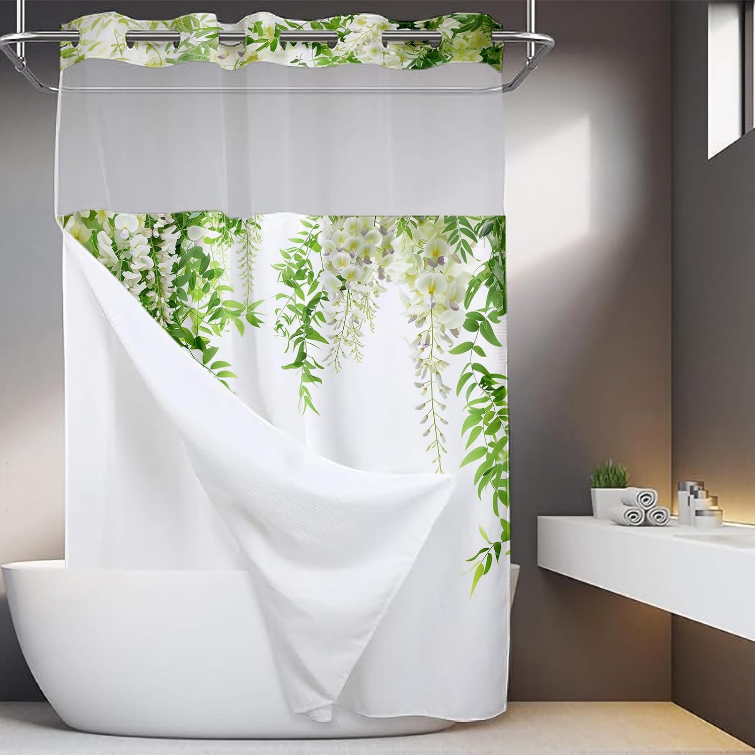 Amazon.com: DEERSPOK No Hook Wisteria Flower Shower Curtain Waterproof ...